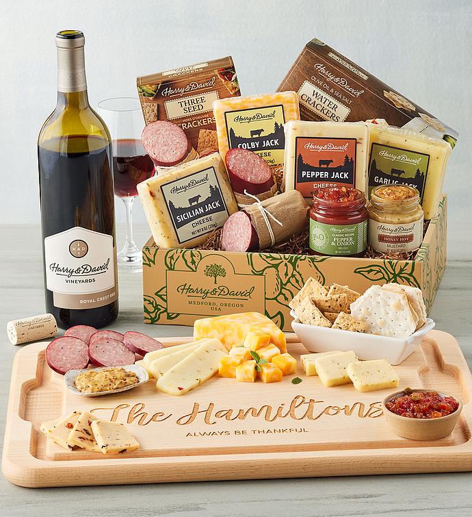Grand Meat and Cheese Gift Box with Wine and Personalized Cutting Board
